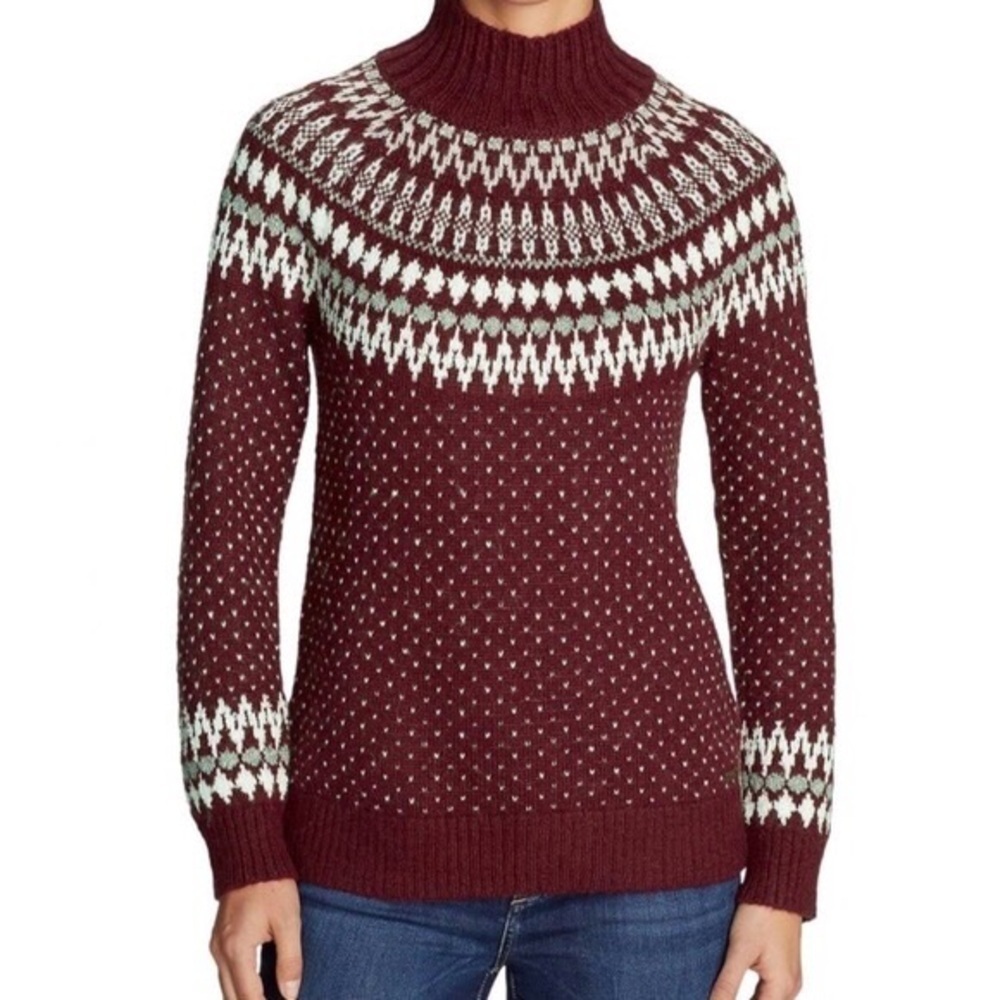 Eddie Bauer • Arctic Fair Isle Sweater maroon winter cozy holiday mock neck wool